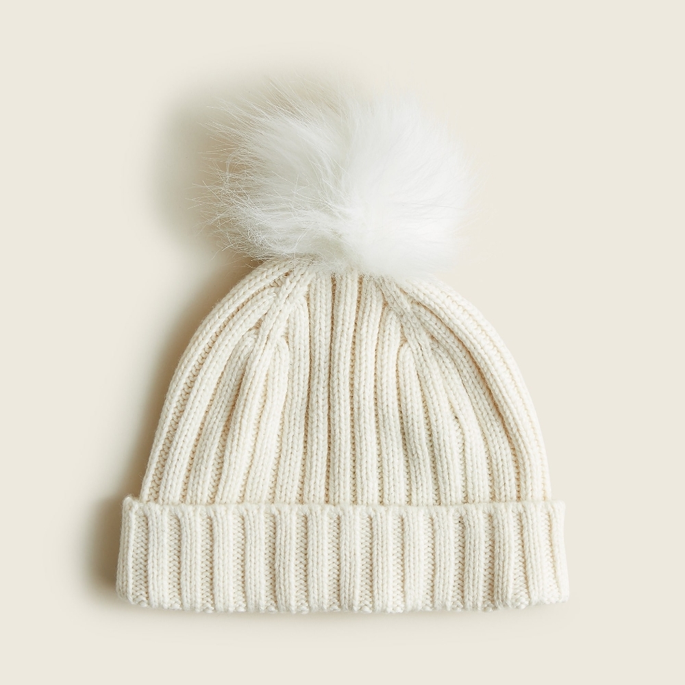 New! J. Crew Ribbed Pom-Pom Ivory White Wool-blend Beanie BD134 NWT